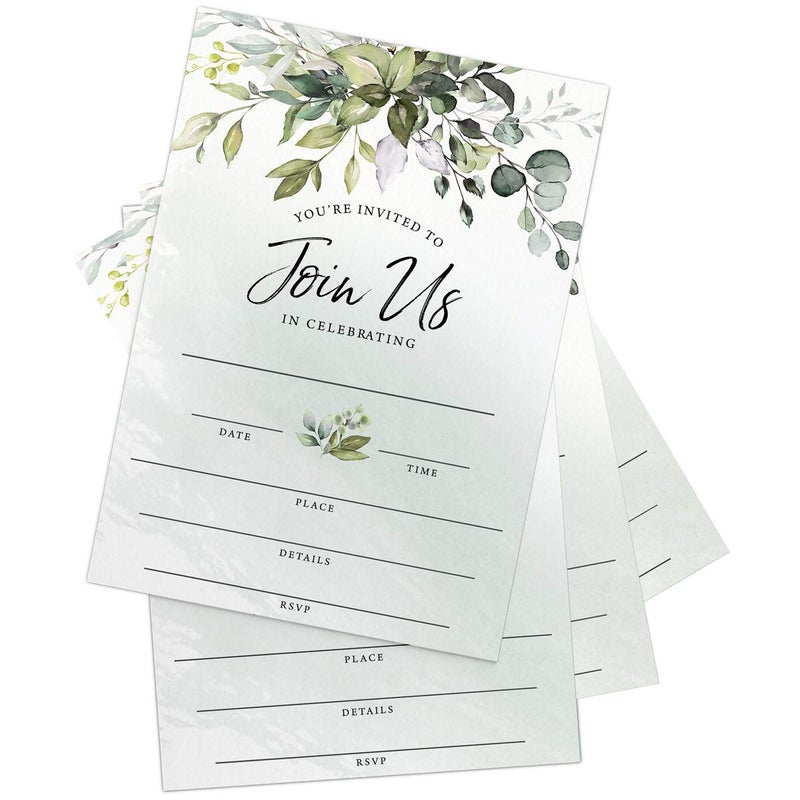 Printed Party Fill-in Invitations and Envelopes, Eucalyptus Greenery, Set of 25 - Image 4